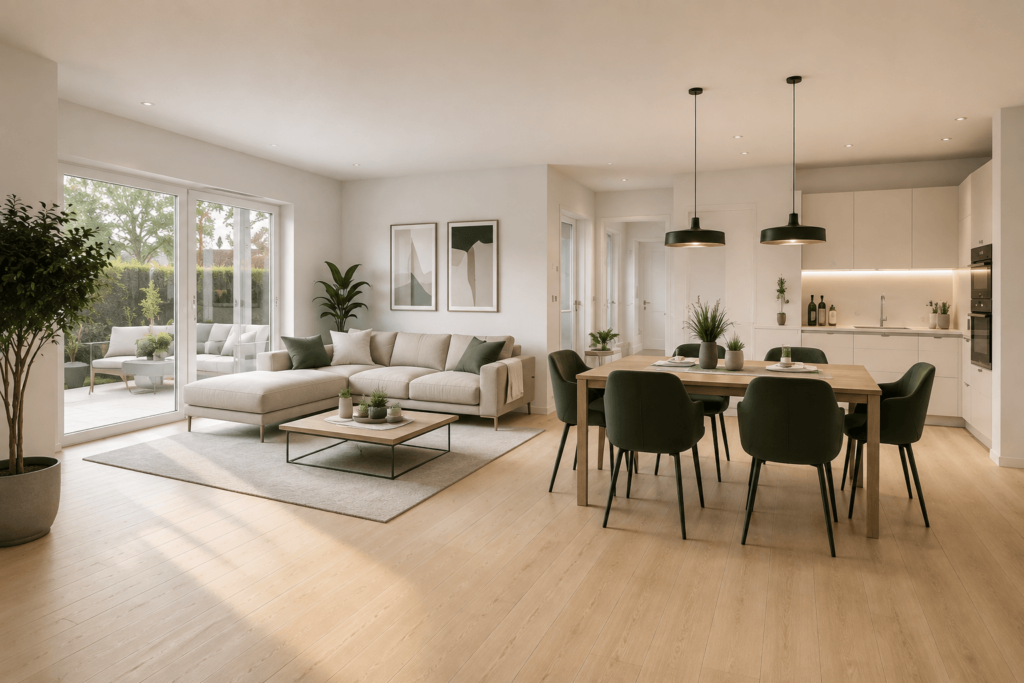 Wohnzimmer mit Küche KI visualisiert