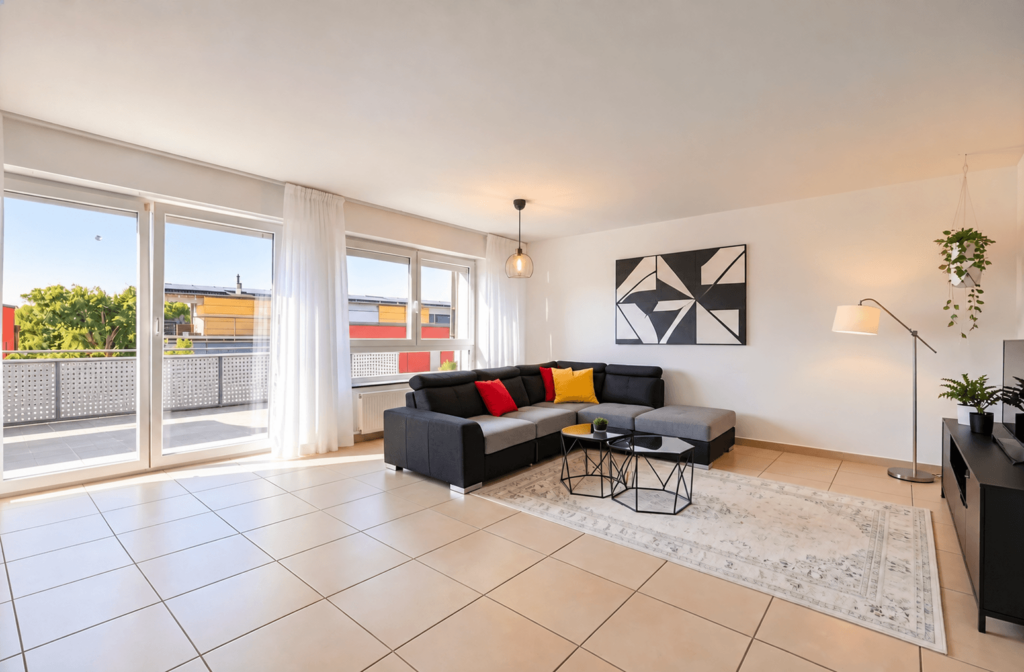 Helles Wohnzimmer mit KI eingerichtet