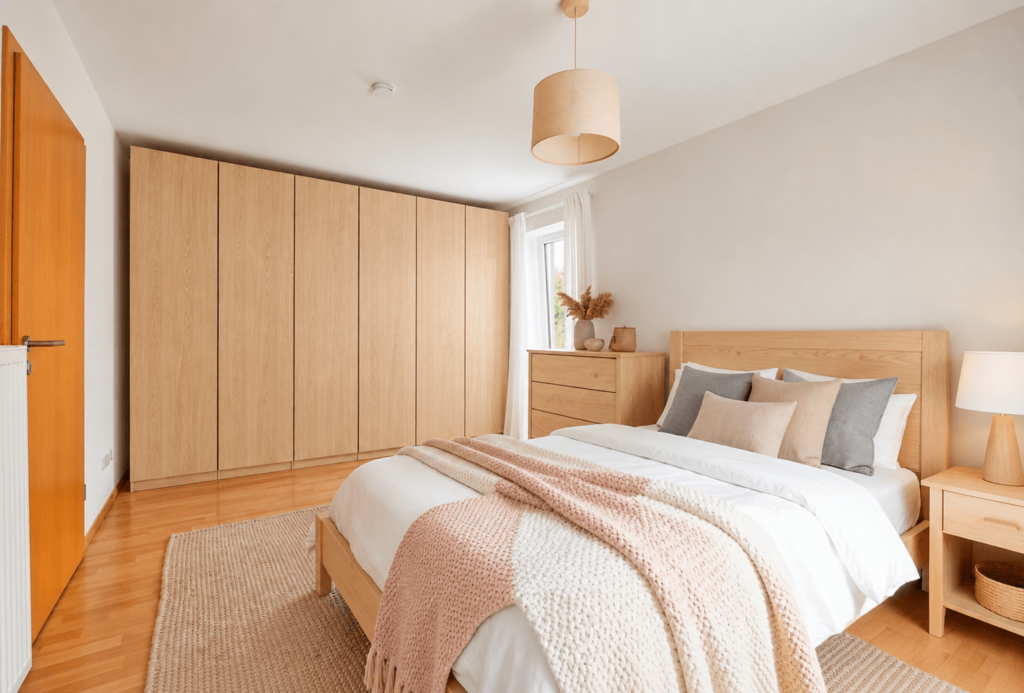 Skandinavisches Schlafzimmer mit KI eingerichtet